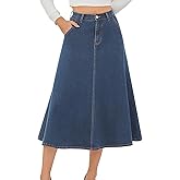 HUSKARY Women's Stretchy High Wasited A Line Long Maxi Jean Skirt Below Knee Length Flared Midi Denim Skirts with Pockets