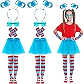 AIHSUMC 10 Pcs Halloween Tulle Tutu Costume Set Include Striped Socks Stretchy Gloves Cyan Ponytail Headband Heart-Shaped Glasses (Cyan)