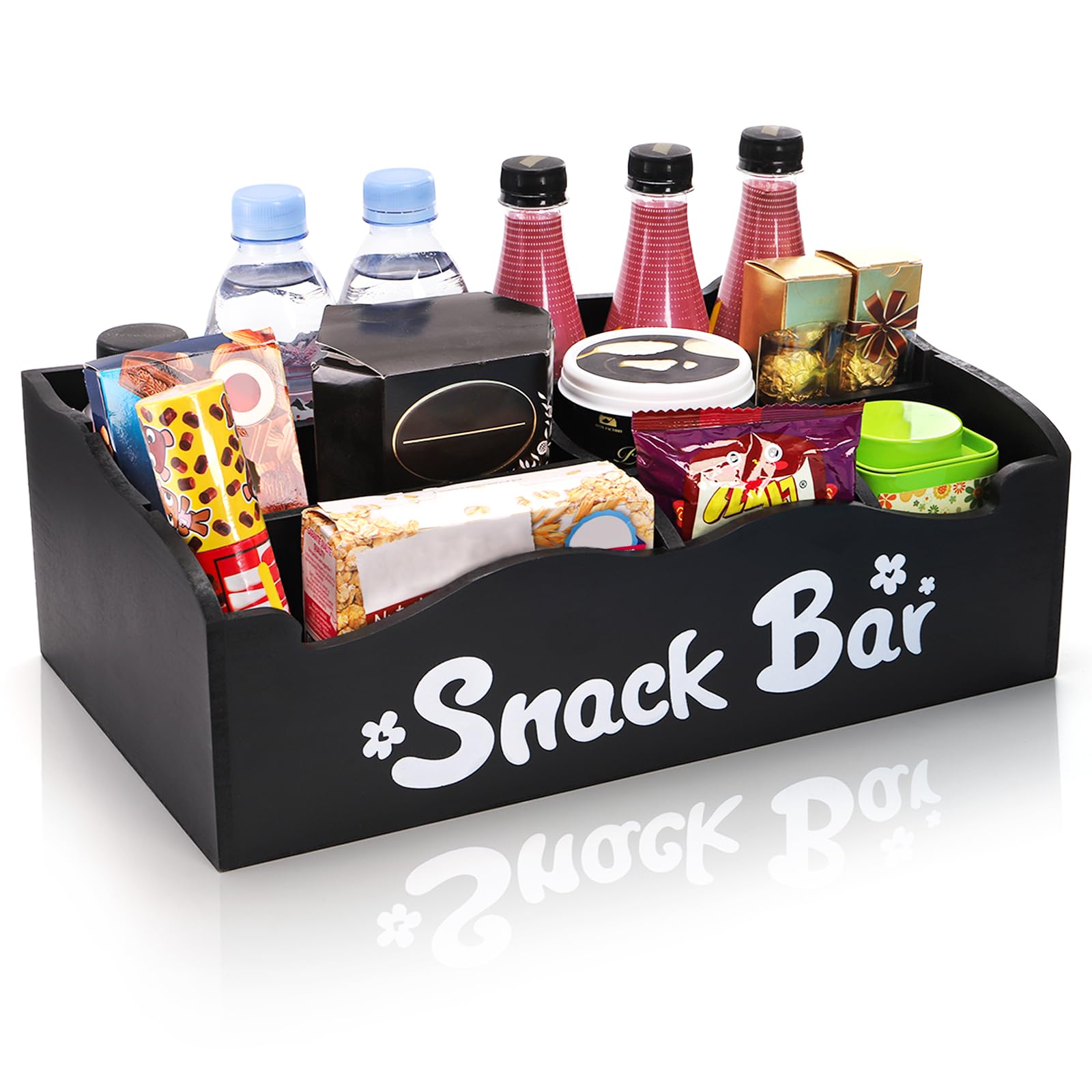 Photo 1 of DEAYOU Snack Organizer for Countertop, Wooden Large Snack Storage Bins Basket, 7 Compartment Coffee Bar Station Organizer for Pantry, Cabinet, Kitchen, Movie Room, Office, Party, Chips, Candy, Packet