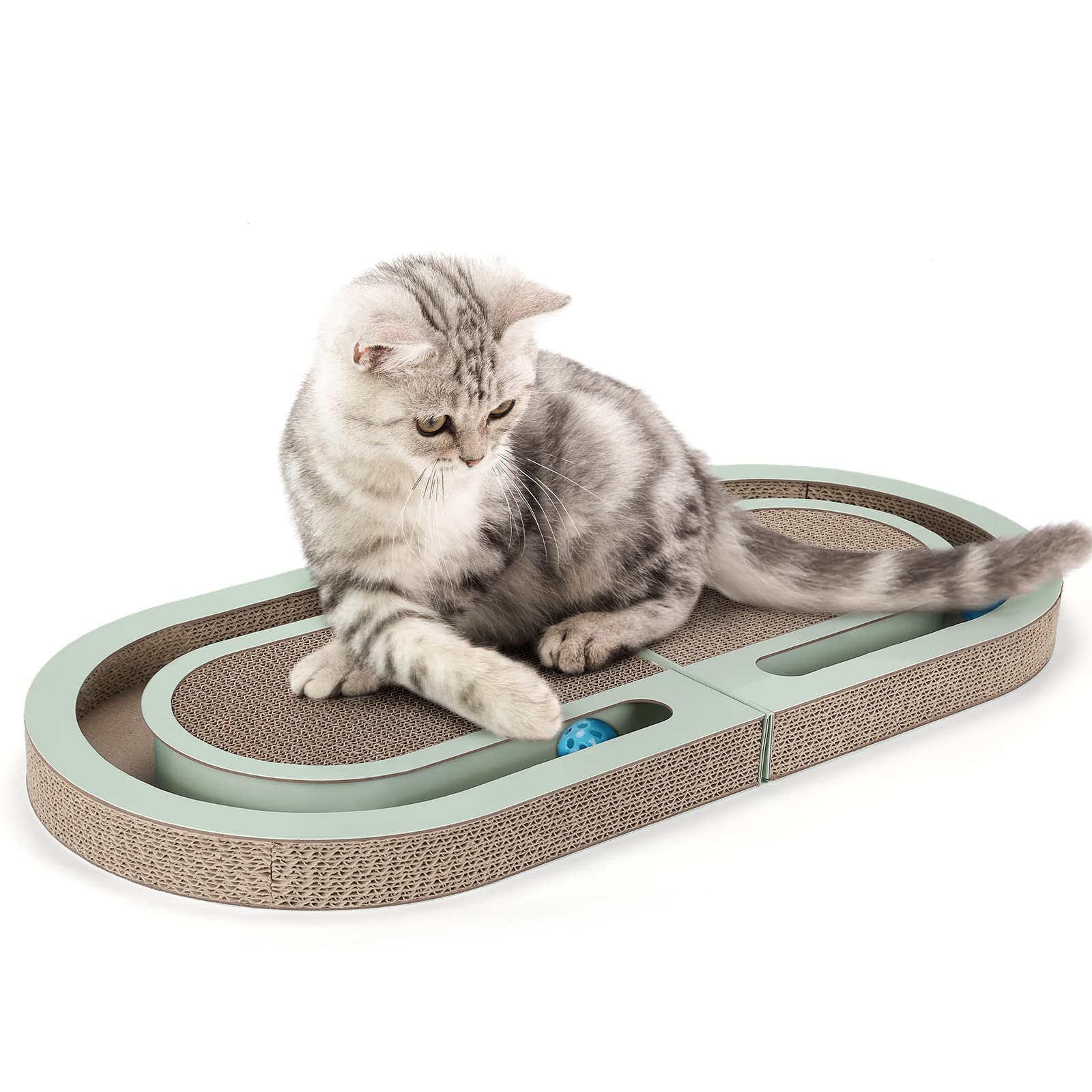 PETTOM Cat Scratcher, Cat Scratching Board with Trackball, Recycle Corrugate Reversible Cats Scratchers Cardboard for Indoor Kitten, Foldable Cats Scratch Pad with Interactive Bell Ball Design
