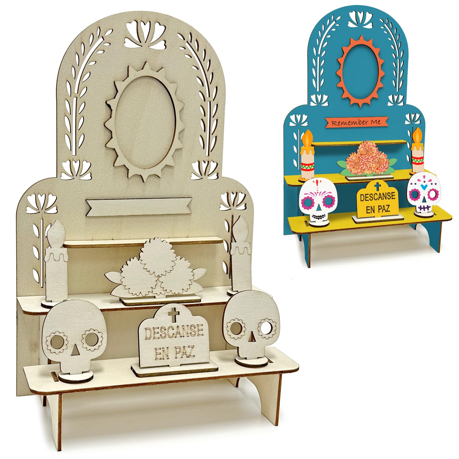 Photo 1 of 3-Tier Dia De Los Muertos Altar Ofrenda Kit, Wooden Solecito Day of The Dead Altar, Mini Ofrenda Shadow Box for Dia De Los Muertos Decorations, Halloween, Thanksgiving, Christmas Remembrance