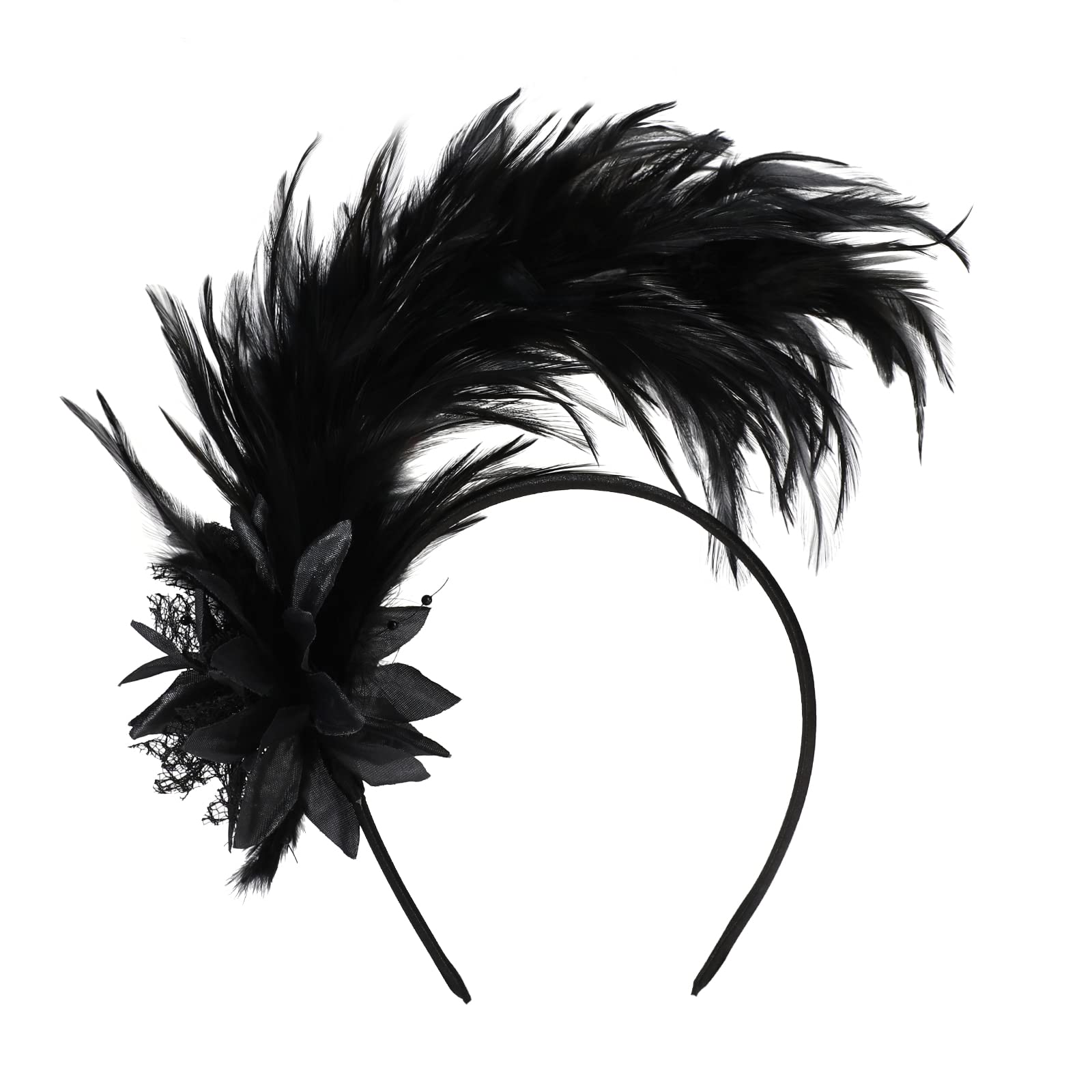 MWOOT Feather Headband, 1920s Feathered Fascinator, Black Artificial Flower Feather Headwear, Hair Accessories for Cocktail Wedding Tea Party Decoration