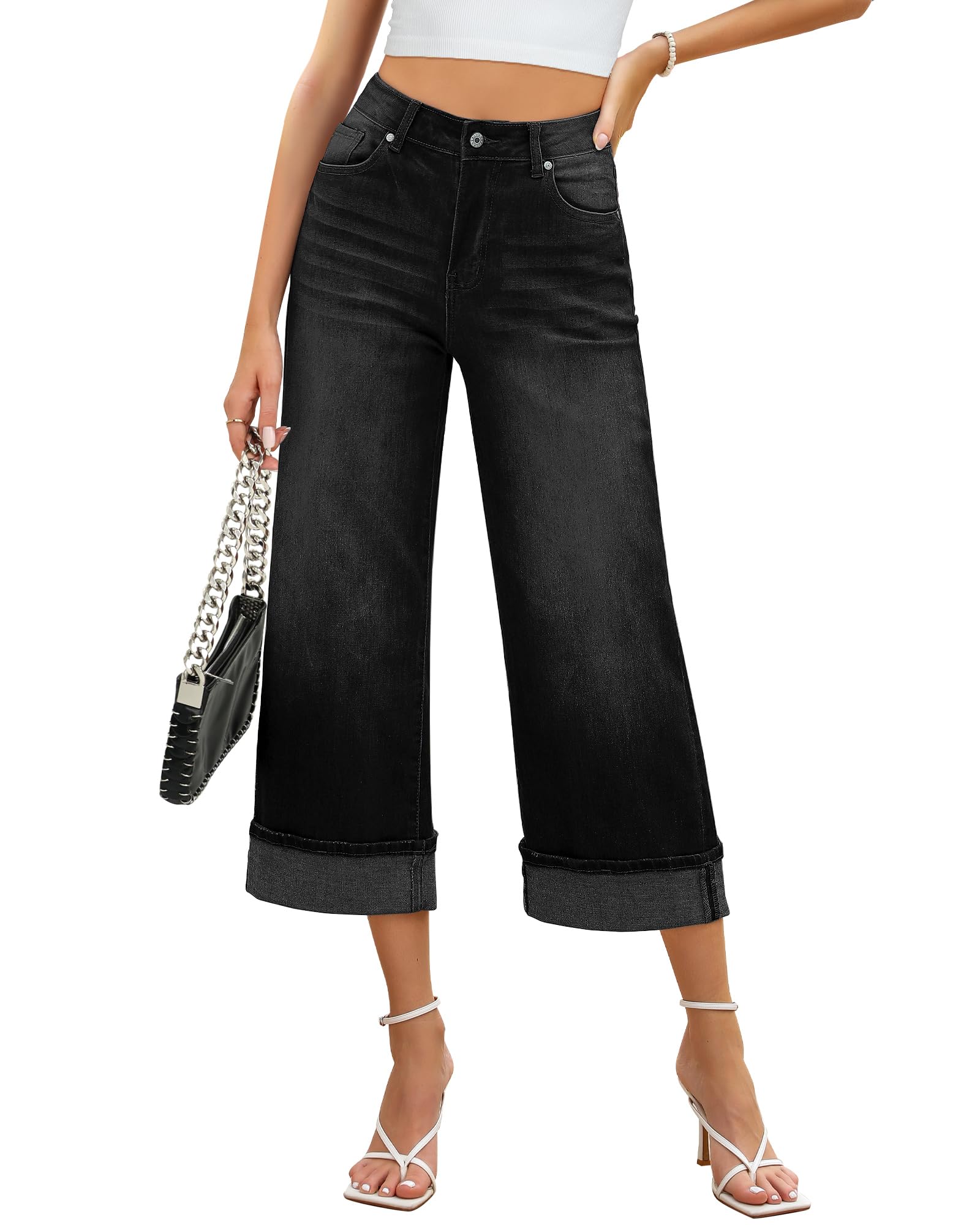 Photo 1 of GRAPENT Women's High Waisted Capri Jeans - Crop Pants Casual Color Washed Black Medium Size 8-10