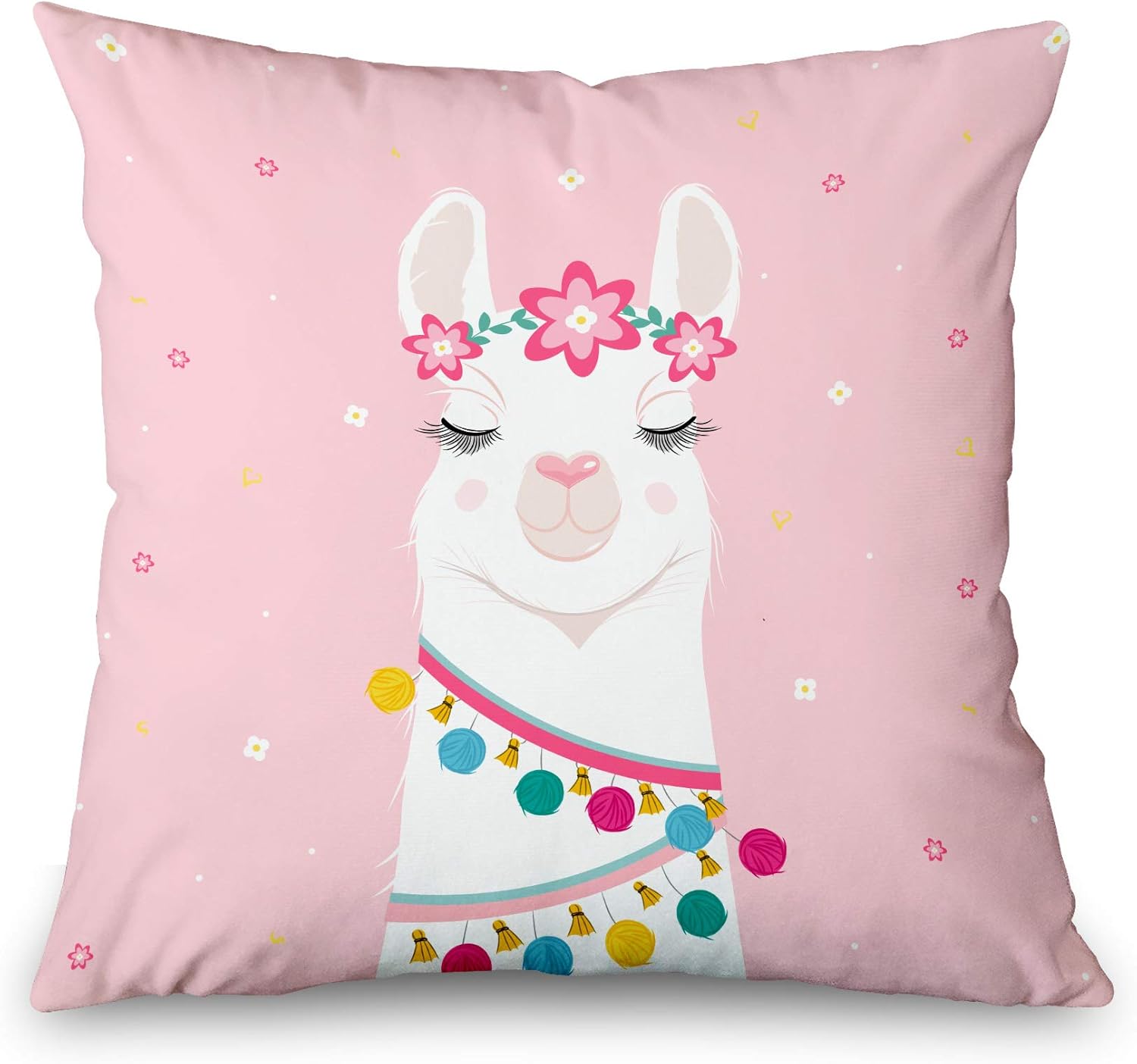 Toobaso Decorative Throw Pillow Cover Square 18x18 Cute Cartoon Llama Pink Animal Art Baby Character Drawing Funny Girl Greeting Happy Llamas Love Home Decor Zippered Pillowcase