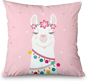 Toobaso Decorative Throw Pillow Cover Square 18x18 Cute Cartoon Llama Pink Animal Art Baby Character Drawing Funny Girl Greeting Happy Llamas Love Home Decor Zippered Pillowcase