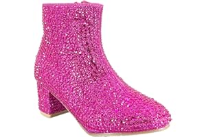 ABSOLEX Girle's Rhinestone Round Toe Block Chunky Low Heel Ankle Booties