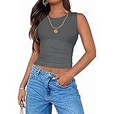 ZESICA Womens Summer Tank Tops 2026 Sleeveless Crewneck Knit Slim Fitted Side Ruched Casual Basic Shirt