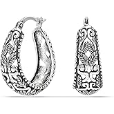LeCalla 925 Sterling Silver Filigree Hoop Earrings for Women | Antique Oxidized Click-Top Hoop Earring Jewelry | Women's Small Chunky Filigree Earring
