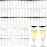 TAICHEUT 100 Pack Plastic Champagne Flutes, 5 Oz Gold Rimmed Champagne Flutes, Clear Plastic Toasting Glasses for Mimosa Bar Engagement Birthday Wedding Graduation Decorations Party