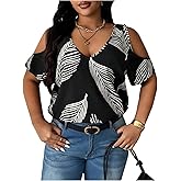 Floerns Women's Plus Size Graphic Cold Shoulder Blouses V Neck Short Sleeve Summer Tops