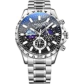 ROCOSJEWE Wrist Watch for Men Moon Phase Blue Dial Waterproof Analog Quartz Men's Watch with Date Display Steel Strap Luminous Men’s Wrist Watches Black Watch for Business & Casual Wear | Mens Watches
