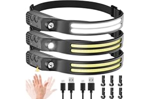 Beccason 3PCS LED Headlamp Rechargeable - 230° COB Super Bright Head Lights for Forehead, Hard hat Light for Adults, USB C Headband Flashlight for Work, Hiking, Running, Camping Essentials Gear