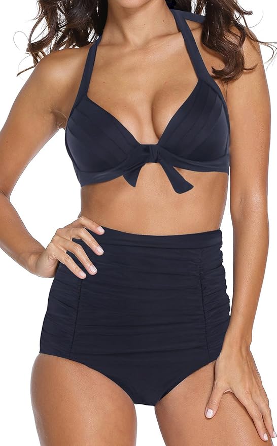 FeelinGirl Solid Black Elegant Vintage Ruched High Waisted