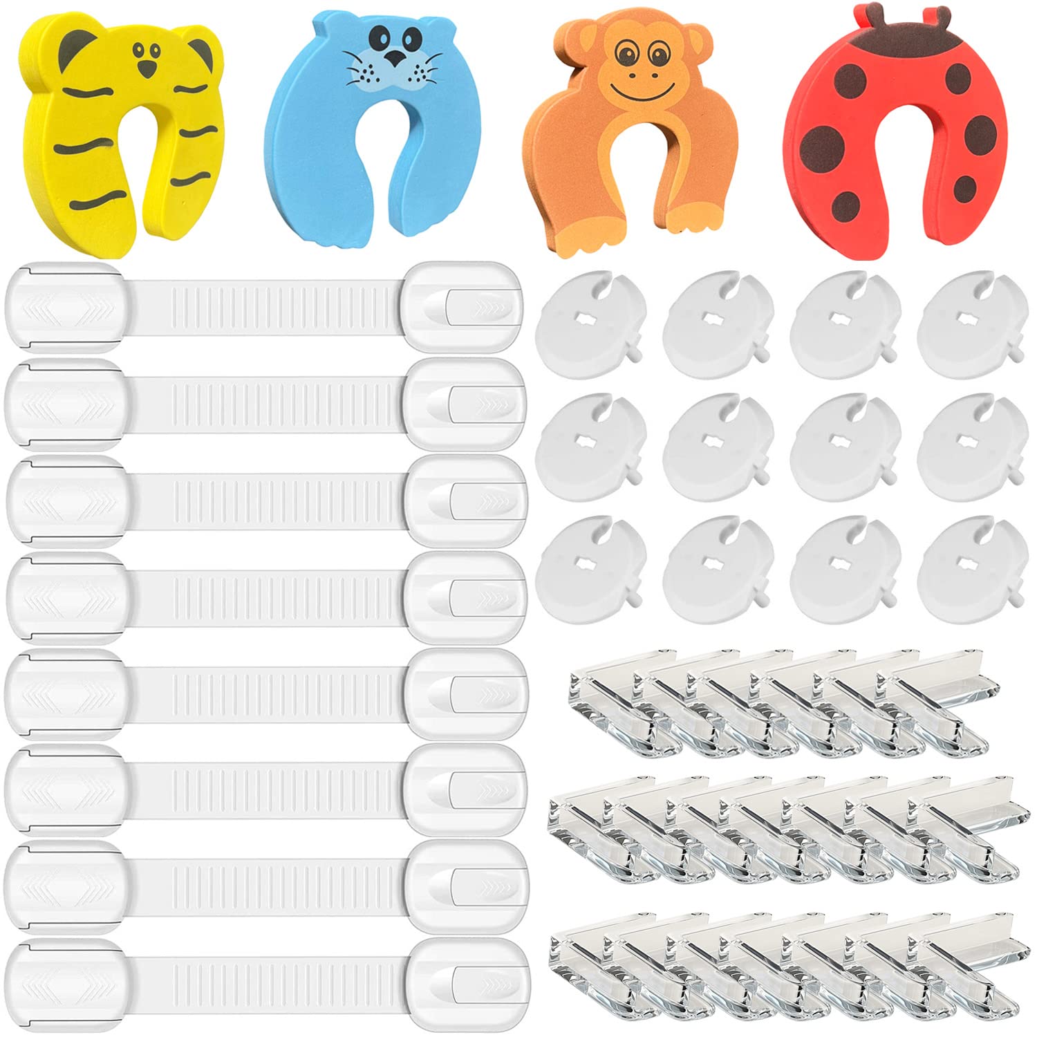 Baby Child Home Safety Protection – Baby Plug Cover (12 Covers + 3 Keys) + 20 Table Corner Protectors + 8 Locks Safety Latches for Baby and Children + 4 Anti-Pinch Door Stopper