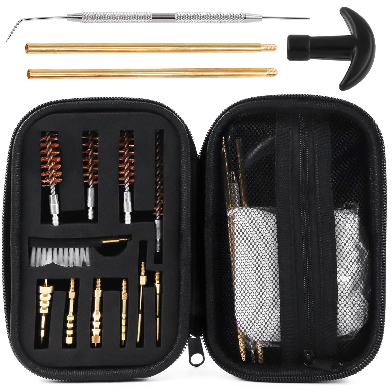 Keadic 65Pcs Universal Handgun Cleaning Kit W Carrying Case for .22 .357 .38, 9mm .40 .45 Caliber Shotgun Pistol with Brass Bore Brush, Brass Jag, Steel Pick, Slotted Tip, Cleaning Rod and Patches