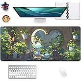 Lofi Cat Mouse Pad Green Plant Desk Pad,Black Cat Extended Gaming Mouse Mat with Stitched Edges Non-Slip Waterproof Rubber Base Mous Mat for Office,Computer,Keyboard,Laptop,Home Desk Pad(27.5X11.8 in)
