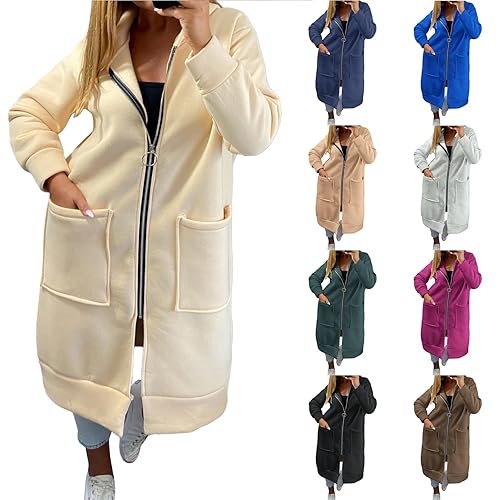 Womens Longline Hoodies Zipped Long Sleeve Fleece Sweatshirts Plus Size Warm Hooded Jackets Casual Comfortable Coats with Straight Pockets