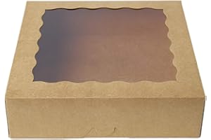 ONE MORE [25pcs] 9inch Kraft Brown Bakery Boxes, Large Pie Boxes with PVC Window Natural Disposable box for Cookie 9x9x2.5inch,25 of Pack