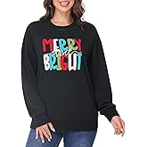 Simlakey Women Christmas Sweatshirts Merry And Bright Crewneck Long Sleeve Christmas Pullover Loose Fit Xmas