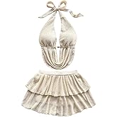 SOLY HUX Women's Summer 2 Piece Skirt Sets Deep V Neck Draped Halter Tops and Ruffle Layered Mini Skirt Vacation Outfits