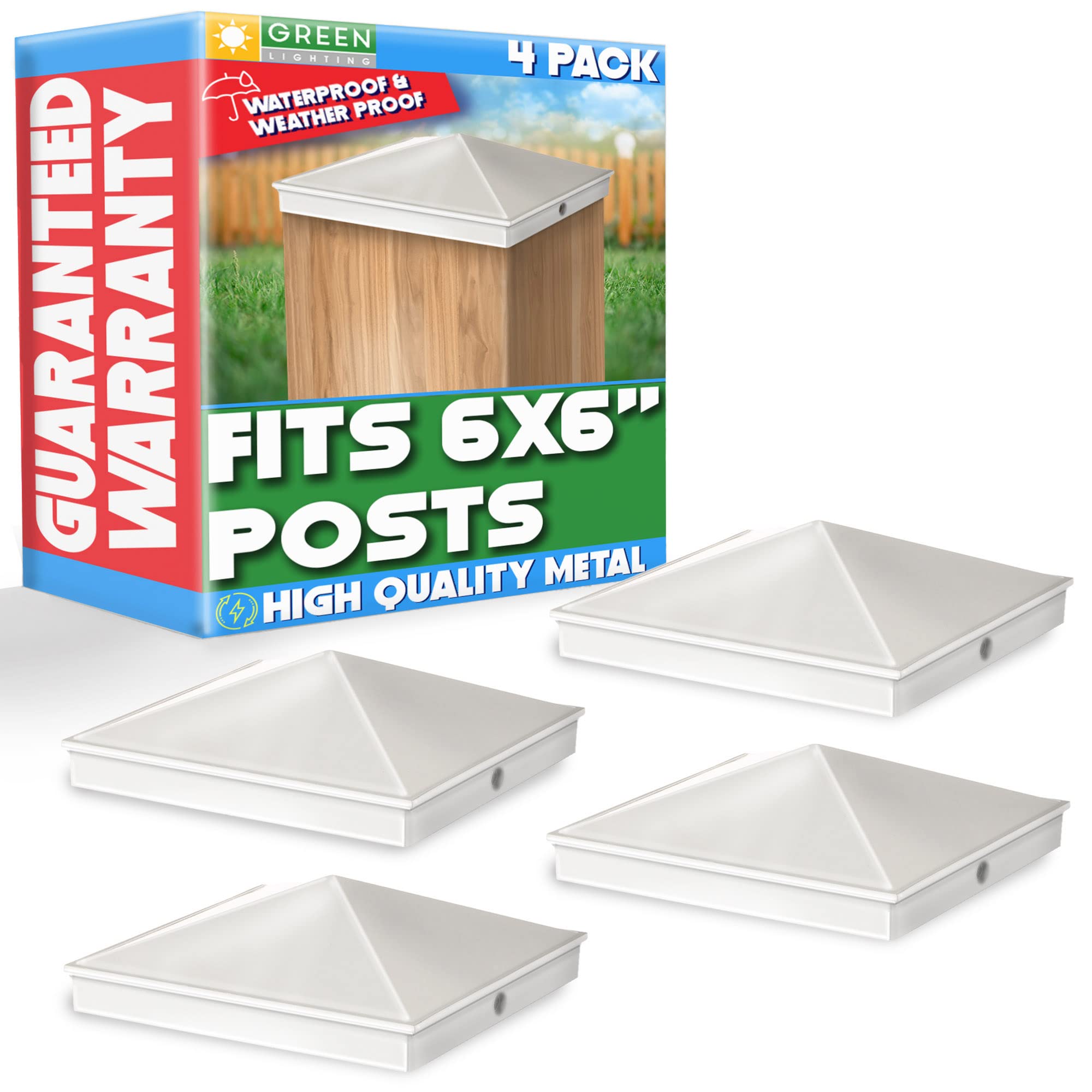 GreenLighting 6x6 Aluminum Pyramid Post Cap Cover (White 4 Pack) Fits 6x6 Nominal Wood (True 5.5 x 5.5) Powder Coated Matte Outdoor Caps Cover, Fence, Decking, Waterproof