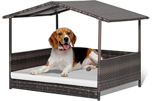 HAPPAWS Wicker Dog House Elevated Dog Bed Houses for Indoor Outdoor, Raised Rattan Dog Cot Woven Pet Sofa, w/Waterproof Shelter, Removable Cushion Lounge, Washable Cover
