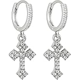 LeapoFaith Rhinestone Cross Earrings Men Stainless Steel Small Hoop Earring Dangle Adult Fashion Huggie Piercing Jewelry Earrings for Party Birthday, Silver