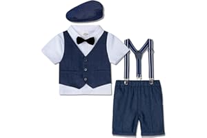 A&J DESIGN 5pcs Toddler Baby Boys Suit Set, 12 Months - 3T, Gentleman Suit Shirt & Shorts & Vest & Hat & Bow Tie