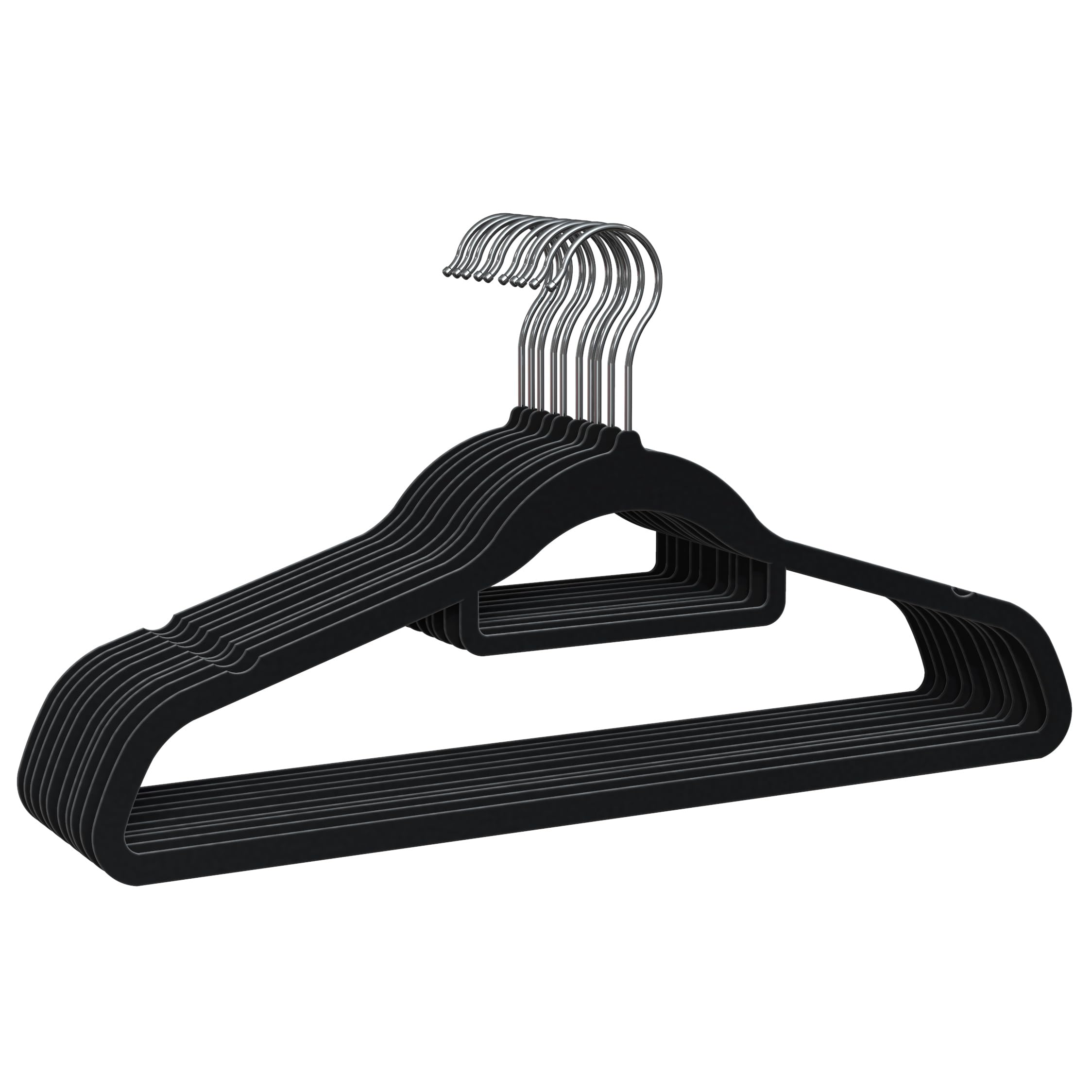 PORTENTUM Velvet Hangers, Pack of 10, Black. Accessory Holder, 360º Swivel Hook, Space Saving, Notches for Dresses, Non-slip Clothes Hangers, For all Types of Clothes, Made in Spain