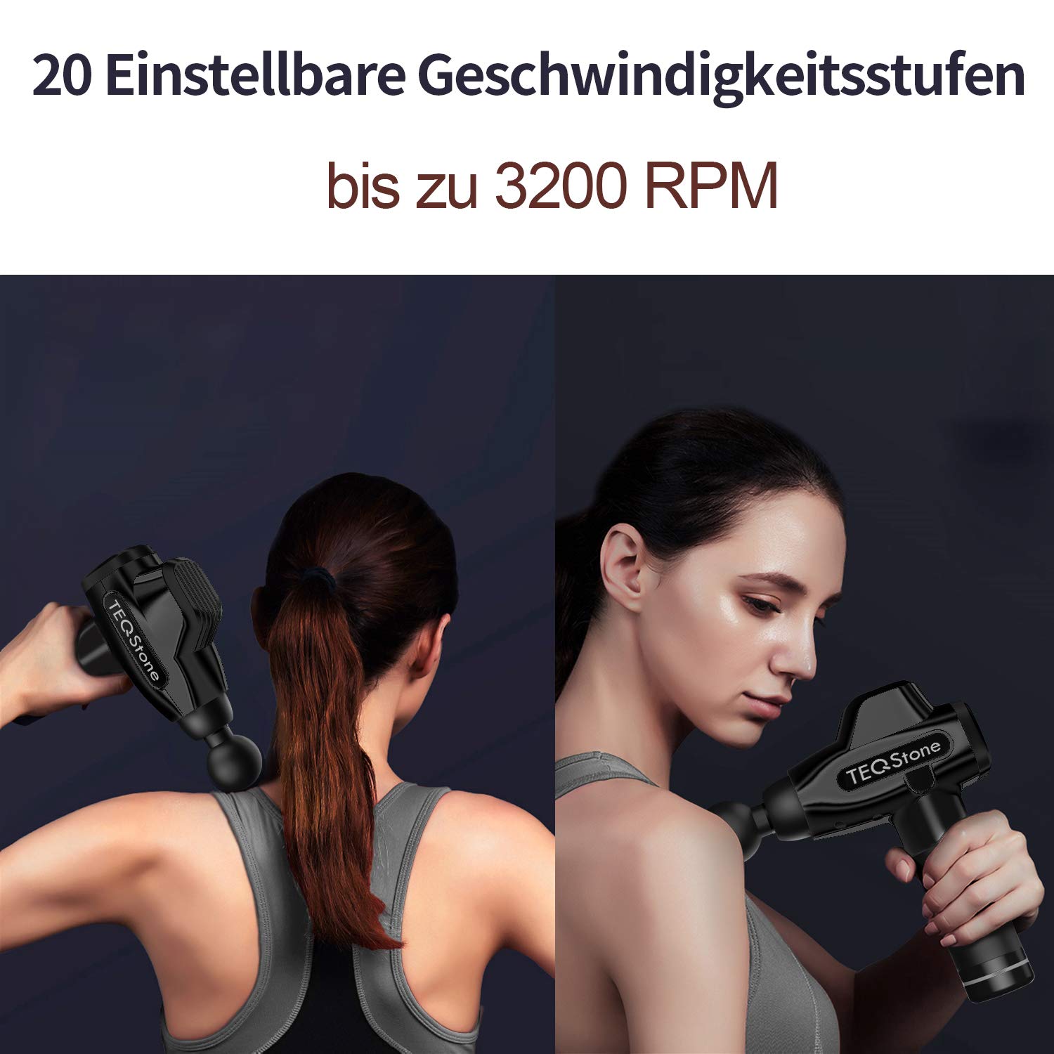 Massagepistole, TEQStone Massage Gun, Leise Massagegerät mit 20 Geschwindigkeitsstufen, bis zu 8 Stunden Akkulaufzeit, Handgehalten Tragbares Muskel Elektrisch Entspannen für Nacken Schulter Rücken