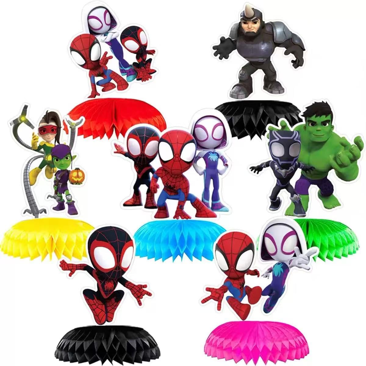 7Pcs Spidey and His Friends Honeycomb Table Centerpiece, Cartoon Birthday Party Supplies Table Decorations for Kids Party Decorations