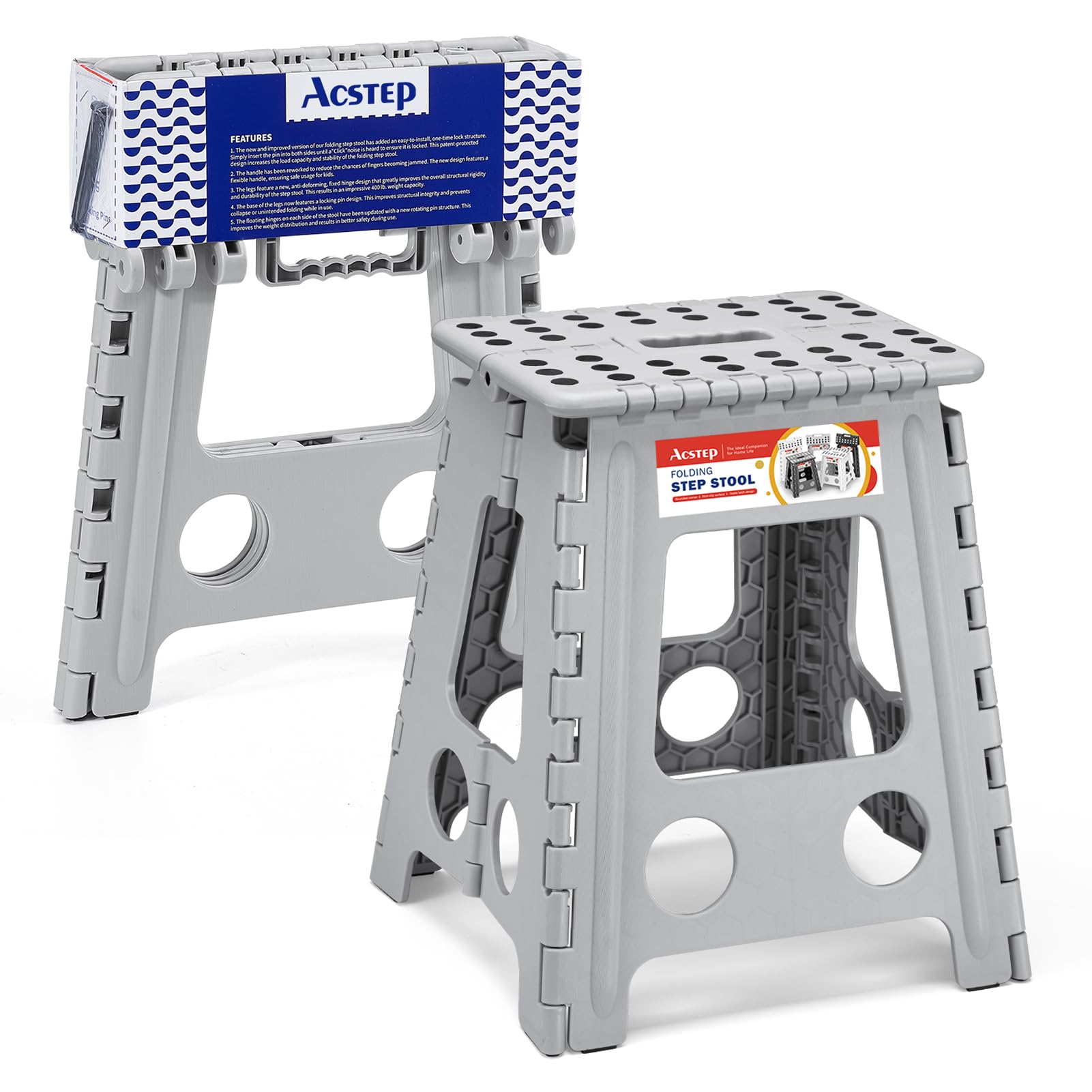 Photo 1 of ACSTEP Folding Step Stool 16 Inch Heavy Duty Step Stool Foldable for Adults and Kids, Collapsible Stepping Stool with Handle, Non Slip Folding Stools for Kitchen Hold Up to 400lbs (Grey 1PC)