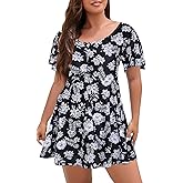 ECUPPER Womens One Piece Swimsuit with Sleeves Plus Size Swim Dress Modest Tummy Control Skirt Bathing Suit Built in Shorts