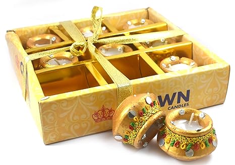 Urvi Creations Set of 9 Matki Shape Handmade Traditional Clay Mitti Diya Oil Lamps for Pooja Candle for Diwali Decoration & Gift - Multi Colour