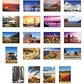 AMERICA THE BEAUTIFUL postcard set of 20. Post card variety pack depicting United States travel sites and American theme postcards. Made in USA.