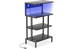 Aquzee Game Console Shelf, 4-Tier Video Gaming Consoles Stand with Outlet & RGB Light, Small Media Entertainment Center for Audio Stereo Storage Organizer Playroom Furniture, Stereo Stands and Racks