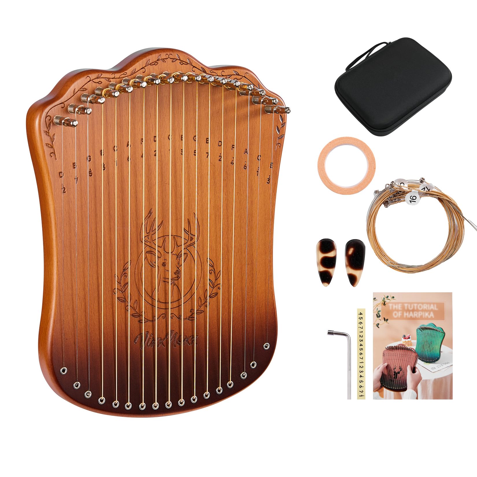 VixxNoxx Lyre Harp, 17 Metal String Portable Solid Zelkova Wood Lyra Harp Stringed Musical Instruments with Tuning Wrench, Spare String Set, Manual Book