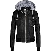 wantdo Women's Lightweight Leather Jacket Casual Motorcycle PU Biker Coat with Removable Hood