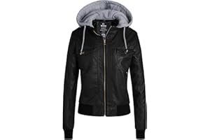 Wantdo Womens Faux Leather Jacket Motorcycle Jacket Short PU Jacket with Removable Hood