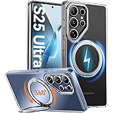 Oneagle 360° Spin Magnetic Stand for Samsung Galaxy S25 Ultra Case Clear [Fit for Magsafe], [30X Anti-Yellow] S25 Ultra Phone Case 6.9" with [Rotatable Kickstand Ring][15FT Military Grade Protection]