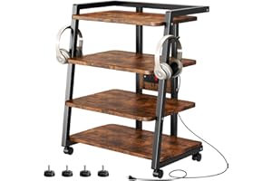 CABTE Mobile AV Media Stand with Outlets and 4 Rolling Caster Wheels, 4-Tier Rolling TV Stand for Gaming Console, Stereo, DVD Player, Sturdy Metal Frame, Versatile Living Room,Bedroom (Retro Brown)