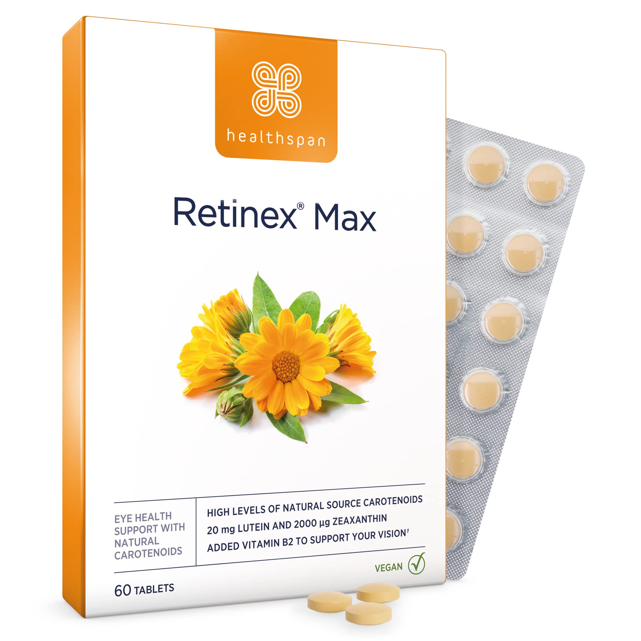 Healthspan Retinex Max Eye Support (60 Tablets) | Long Term Vision & Eye Health | 20mg Lutein & 2,000ug Zeaxanthin | Vitamin B2 Contributes to Normal Vision | Natural Source Carotenoids | Vegan