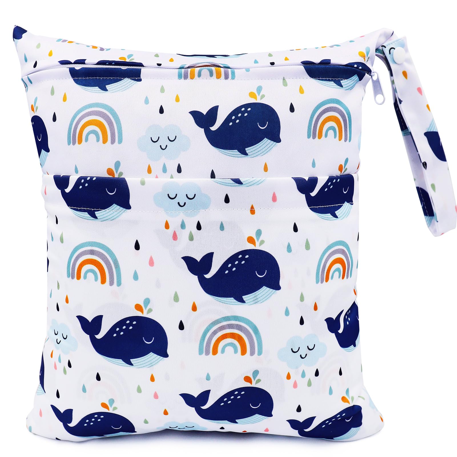 FenFang WetBag, Cloth Nappy Bags Produce Bags Wet Dry Suit Bag Storage Organiser, Waterproof Washable Reusable Large Double Zipper Bag for Baby Diapers Daycare Travel Beach Pool Gym (Whale)