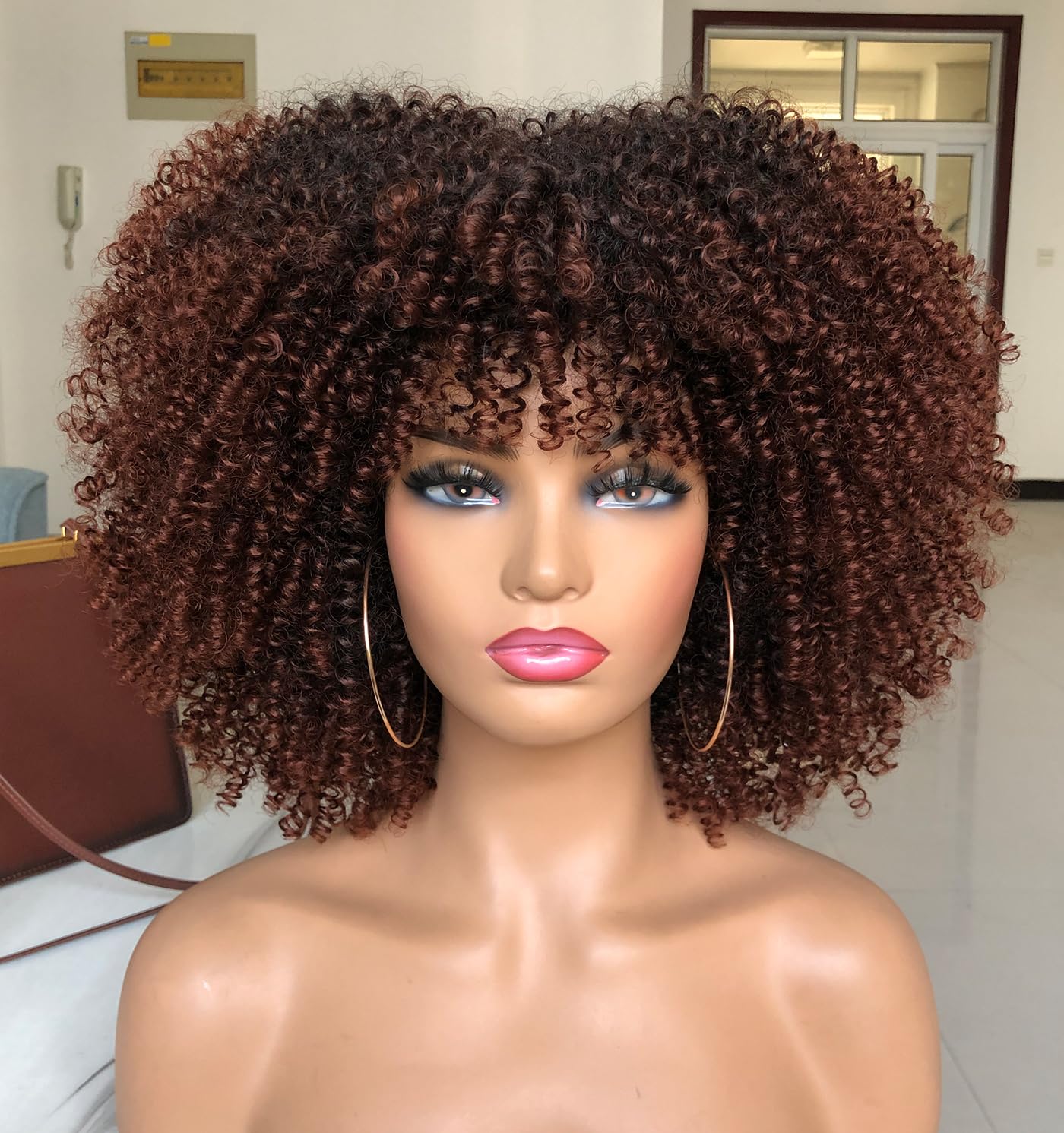 ISAMY 14inch Afro Bomb Curly Wigs for Black Women Short Afro Kinky Curly Wig with Bangs Full Curly Wig (Dark Brown)
