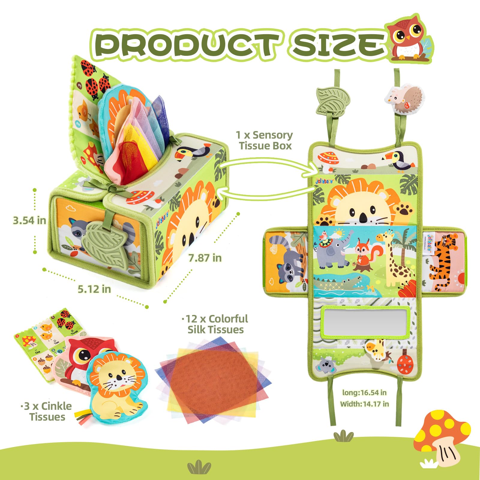 Jollybaby High Contrast Baby Tissue Box Toy for Baby 6-12 Months, Montessori Sensory Learning Toys for 1 Year Old Infant with Teether Crinkle Paper, Tummy Time Mirror Toys for Newborn Gift, Green