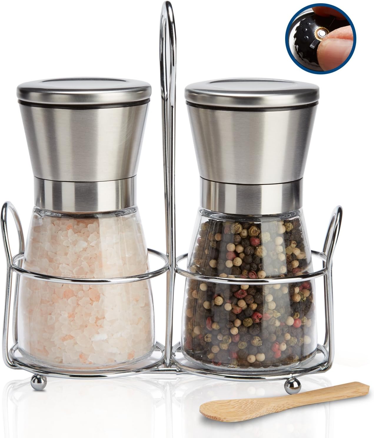 Premium spice mill set with ceramic grinder, salt and pepper mill, made of glass and stainless steel with lid and holder, 2-part set, manual empty with coaster