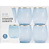 PLASTICPRO 6 Pack Blue With Gold Rim Plastic Wine Glasses Stemless Disposable 12 oz BPA Free Shatterproof Plastic Wine Cups Wine Glasses for Parties