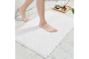TECHMILLY 32" x 20" Soft Fluffy Chenille Large Bathroom Rugs, Non Slip Absorbent Bath Mats for Bathroom, Washable and Quick Dry, White, 32" x 20"