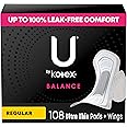 U by Kotex Balance Ultra Thin Pads with Wings, Regular Absorbency, 108 Count (6 packs of 18) (Packaging May Vary)