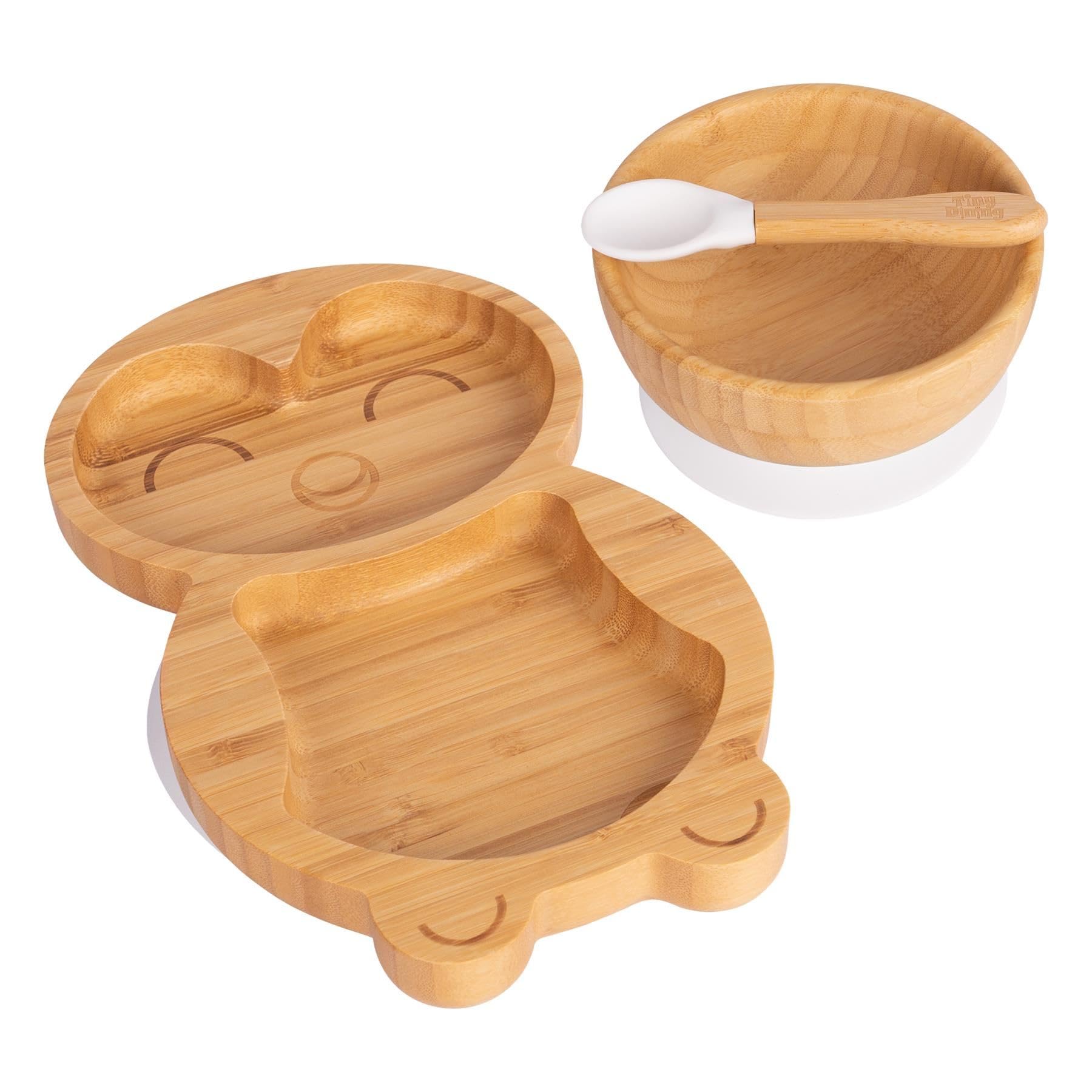 Tiny Dining Baby Dinner Set - Penguin - White - 3pc - Divided Non-Slip Bamboo Self-Feeding Weaning Plate, Bowl & Spoon for Babies, Toddlers, Children